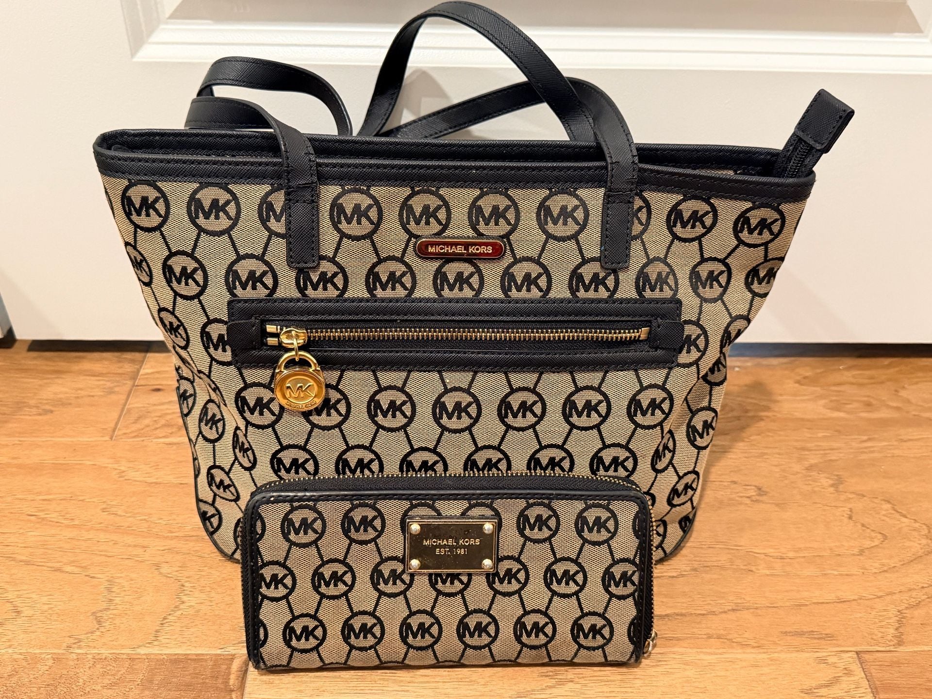 Michael Kors MK Monogram Tote Bag + Matching Zip Wallet Black Tan Set  13