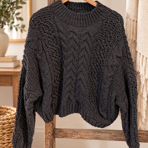 Pol Cable Knit Pullover Sweater Cropped Oversized Charcoal Grey Sz L