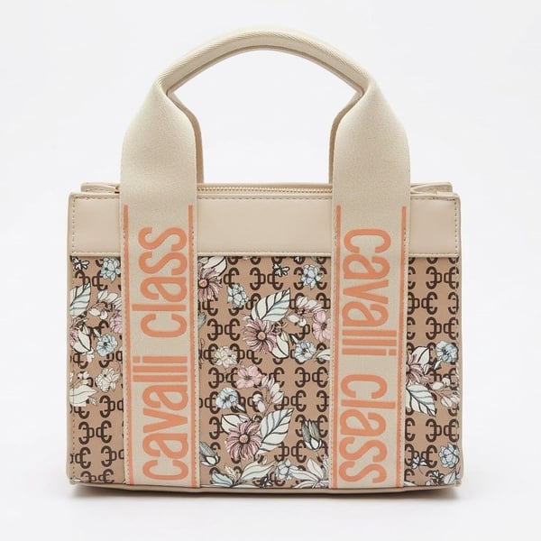 Cavalli Class Serafina Top Handle Tote Floral Logo Beige Orange Handbag