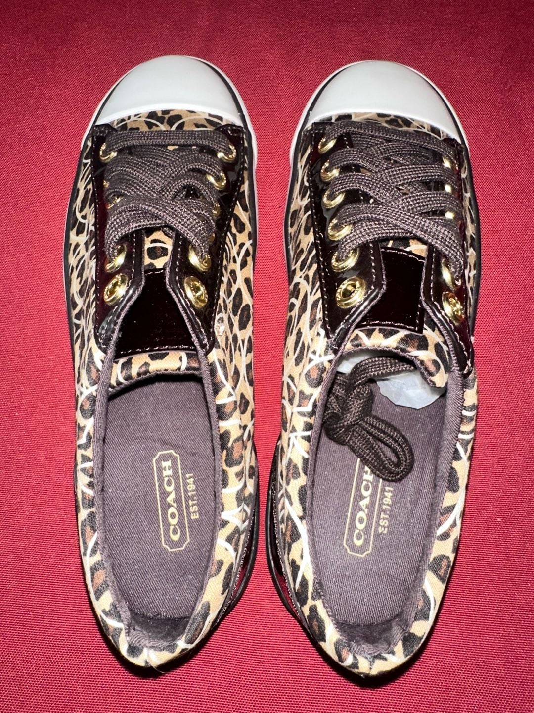 No.25 Coach Gema Leopard Print Sneakers Size 6.5B Animal Print Patent Leather 6