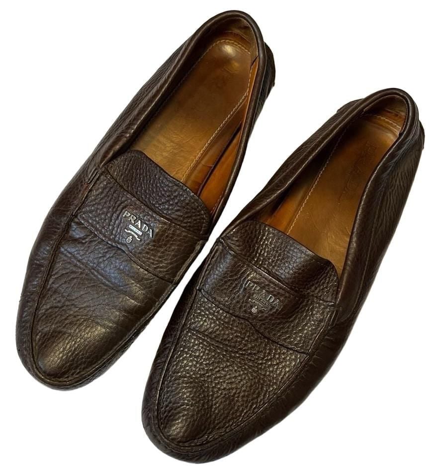 Men’s Prada Brown Pebbled Leather Driving Loafers Size 12 2