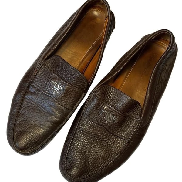 Men’s Prada Brown Pebbled Leather Driving Loafers Size 12