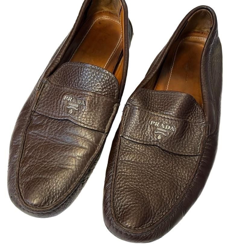 Men’s Prada Brown Pebbled Leather Driving Loafers Size 12 3