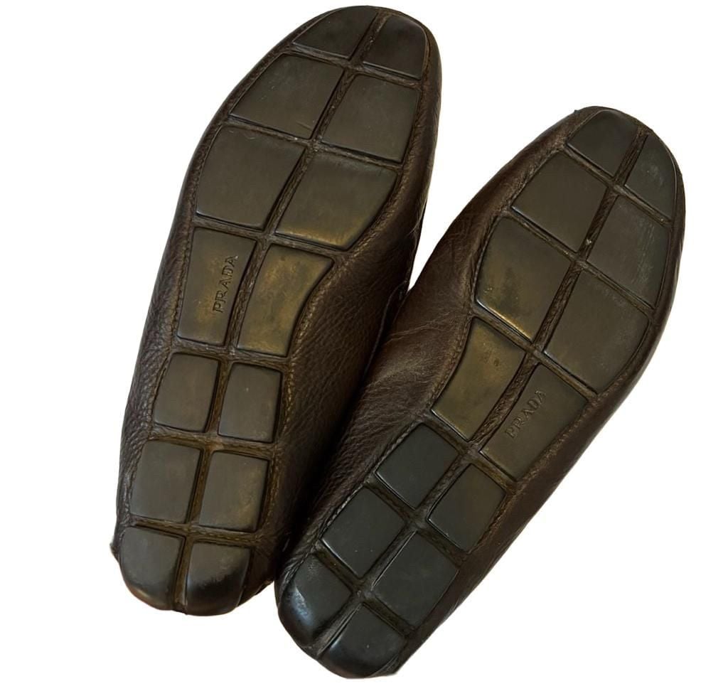 Men’s Prada Brown Pebbled Leather Driving Loafers Size 12 5