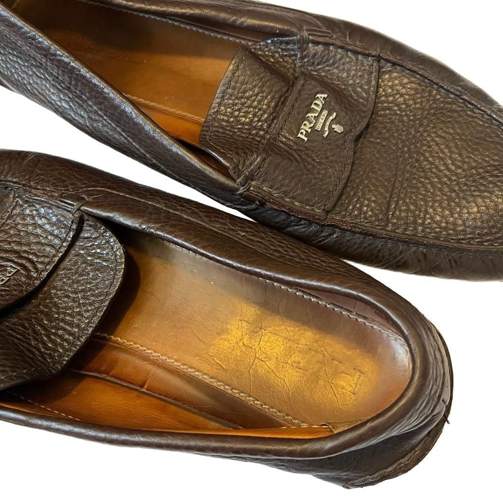 Men’s Prada Brown Pebbled Leather Driving Loafers Size 12 7