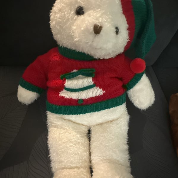 Vintage JC Penney Holiday Collection Plush White Teddy Bear Christmas Sweater