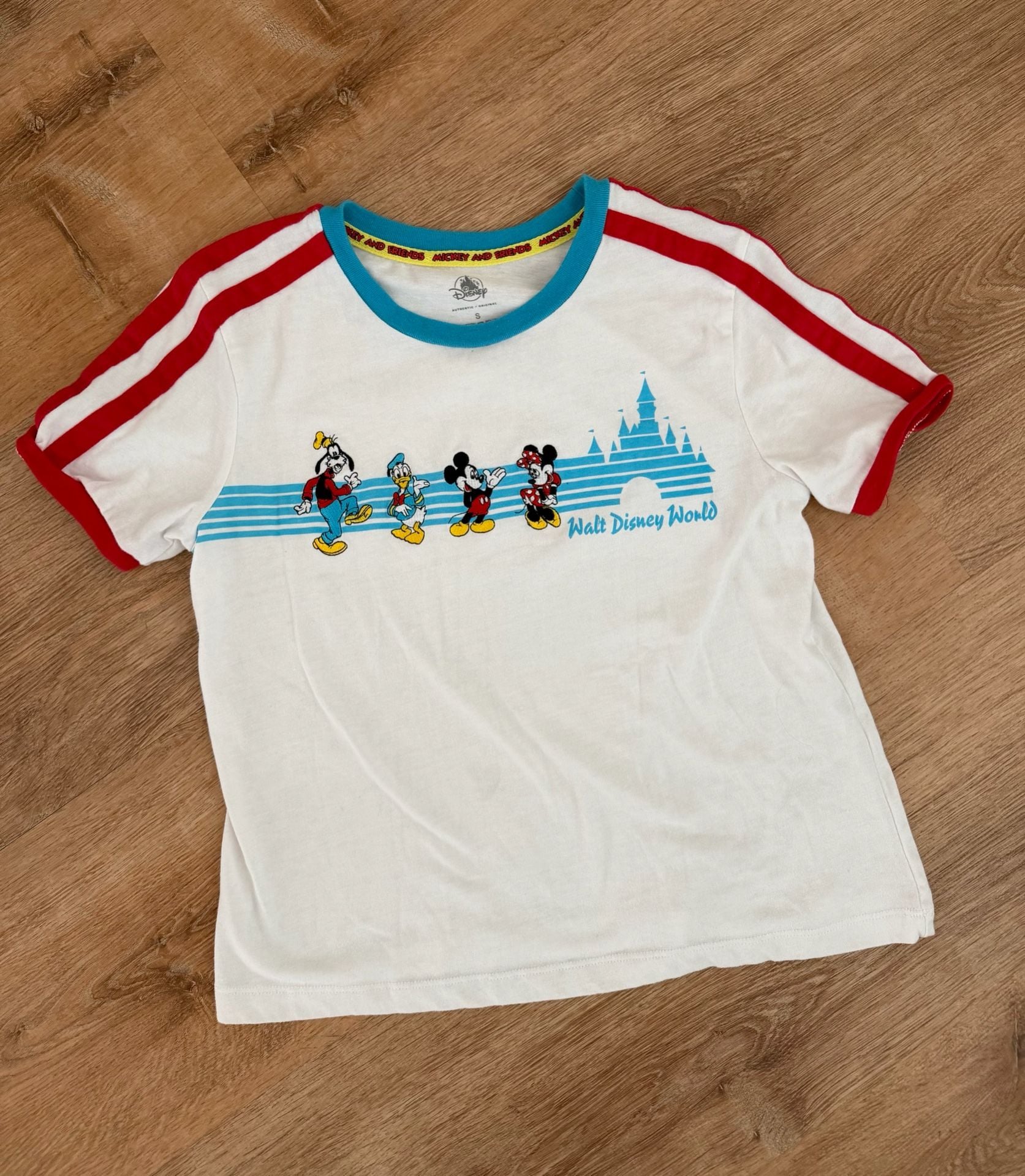 Disney Walt Disney World Ringer T-Shirt Size S White Mickey and Friends 1