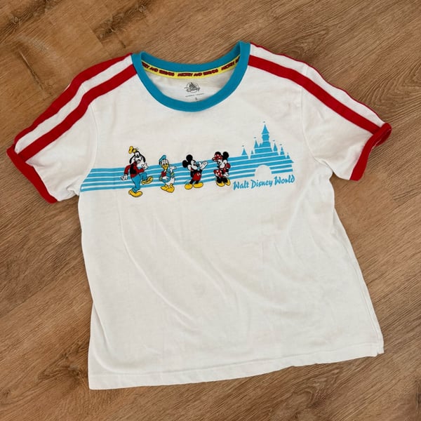 Disney Walt Disney World Ringer T-Shirt Size S White Mickey and Friends