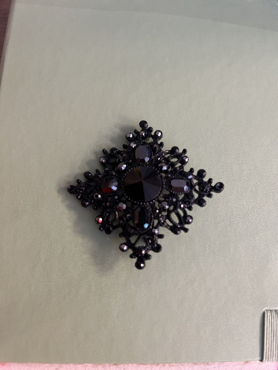 Vintage Black Japanned Rhinestone Filigree Brooch 2