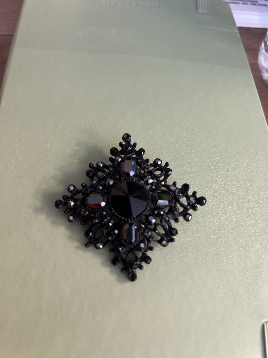 Vintage Black Japanned Rhinestone Filigree Brooch 4