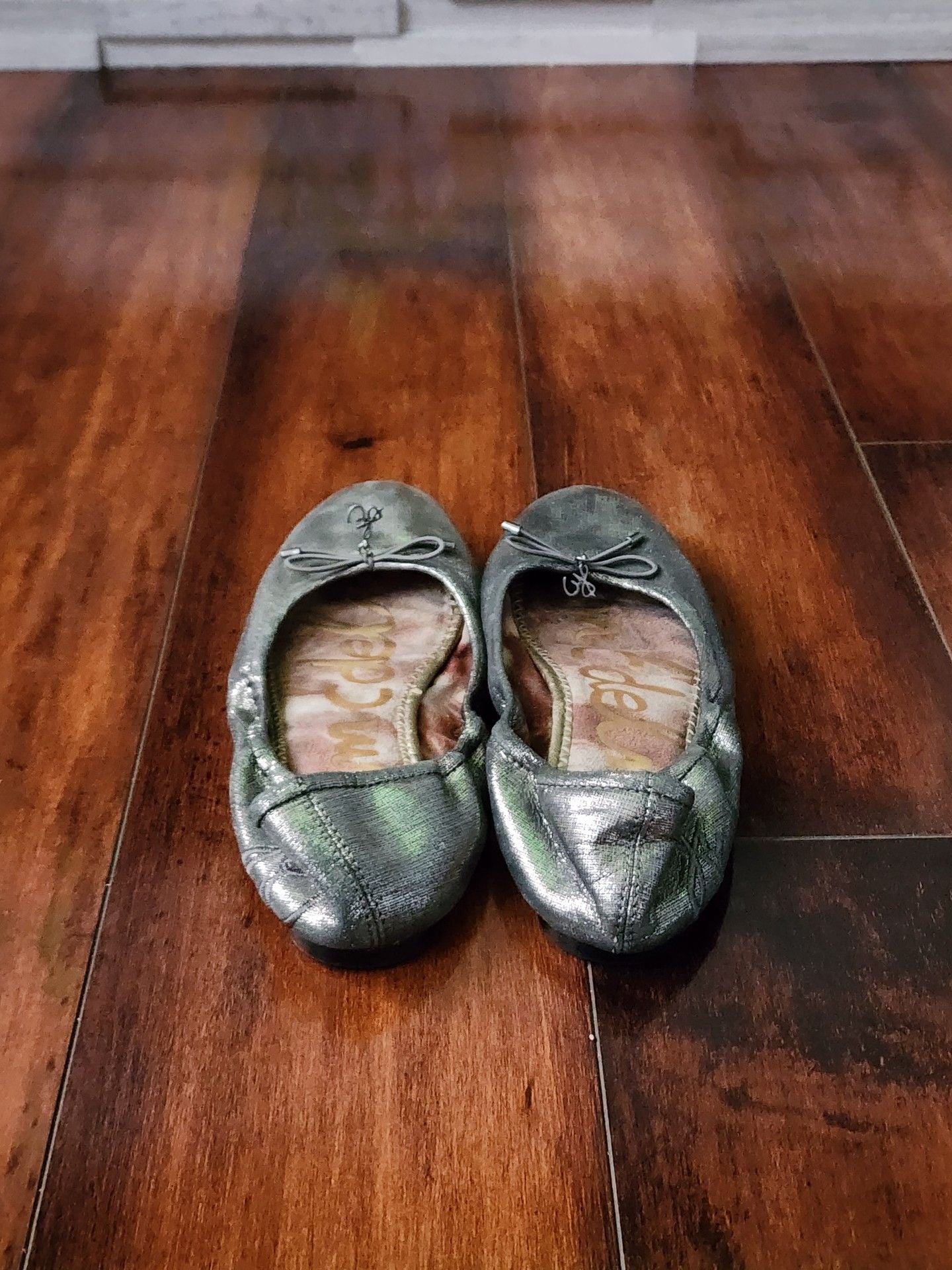 Sam Edelman Felicia Ballet Flats Silver Metallic Bow Slip On 5