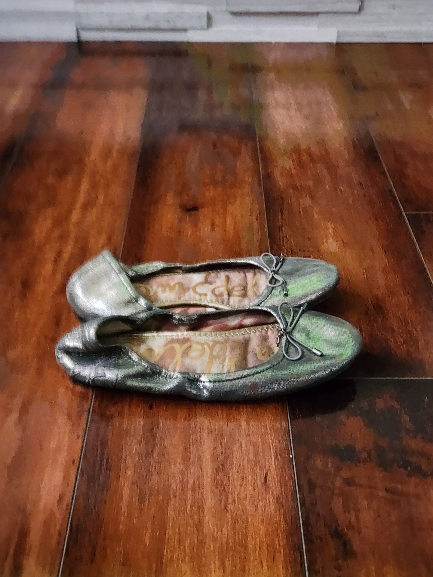 Sam Edelman Felicia Ballet Flats Silver Metallic Bow Slip On 6
