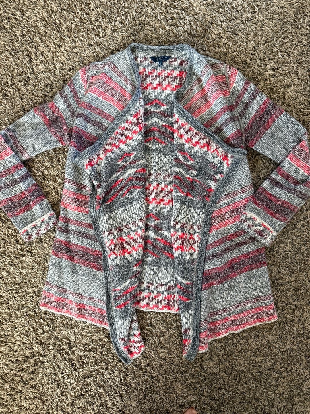 Lucky Brand Cardigan Size M Gray Red Open Front Southwestern 2