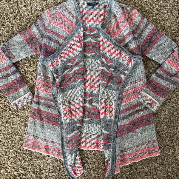Lucky Brand Cardigan Size M Gray Red Open Front Southwestern