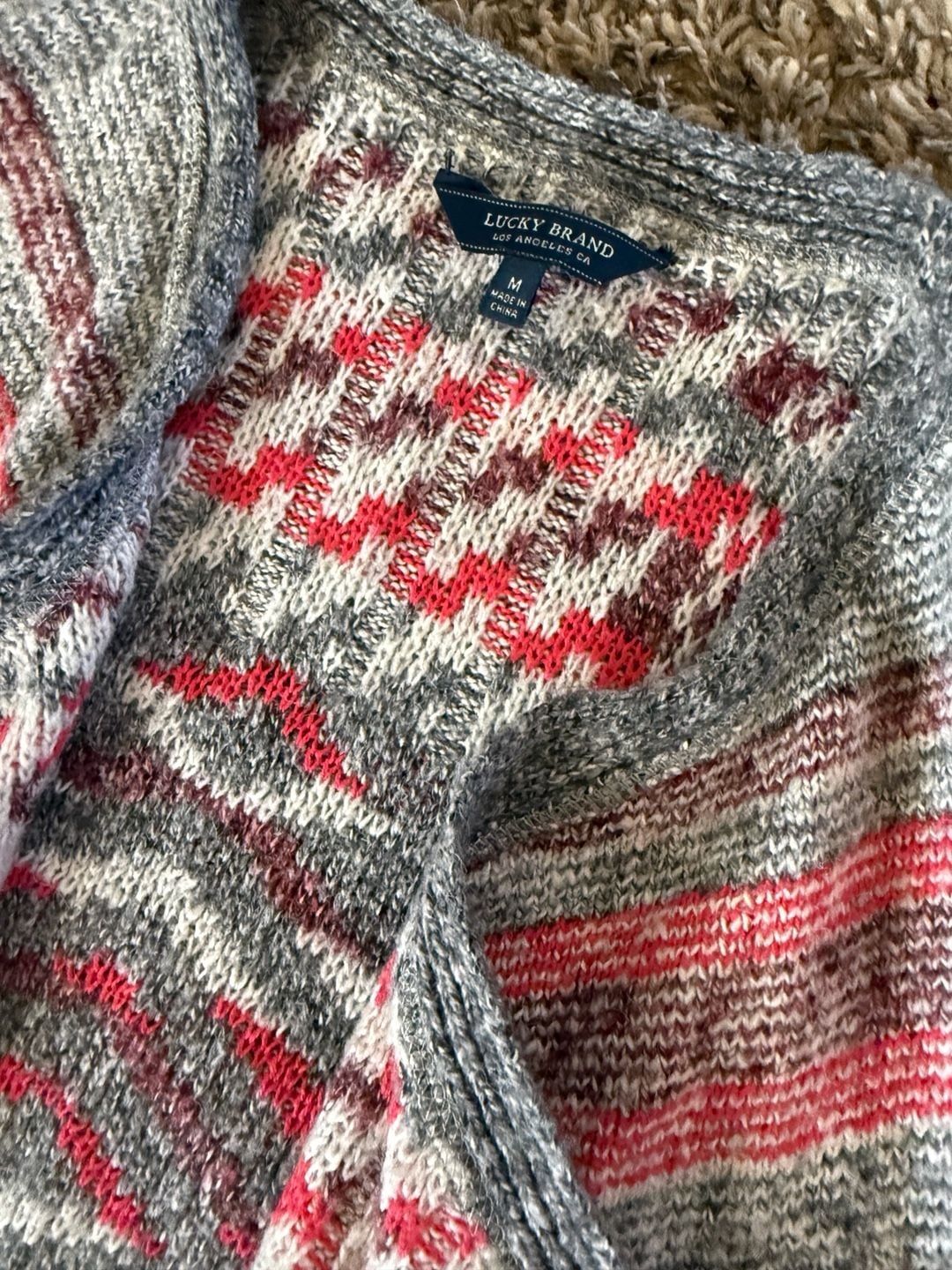 Lucky Brand Cardigan Size M Gray Red Open Front Southwestern 4