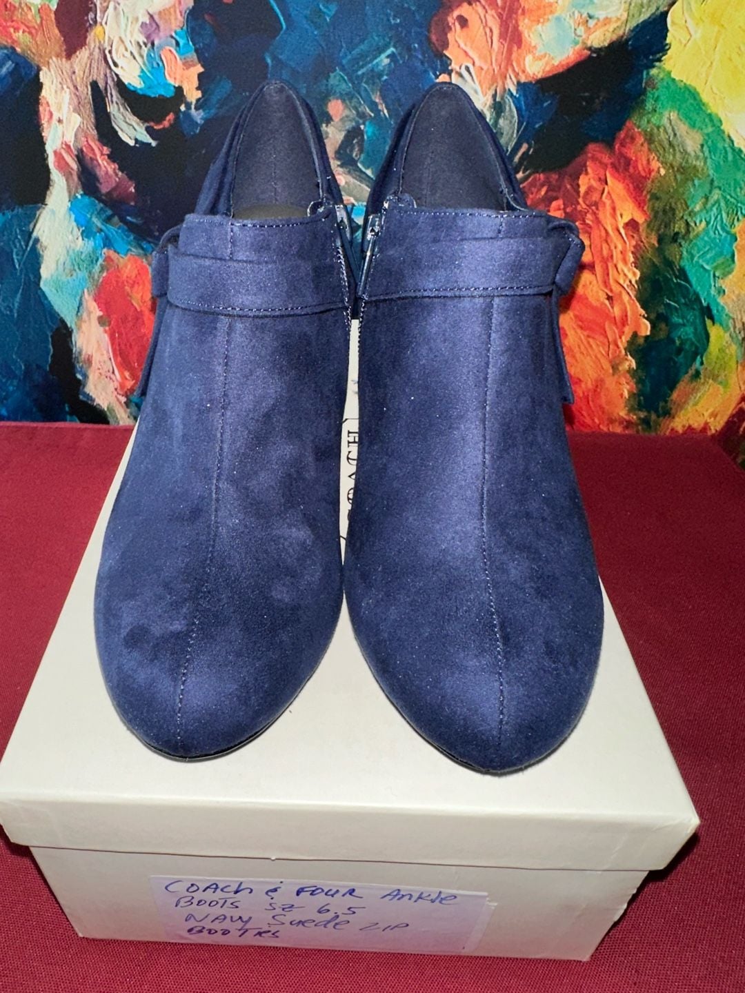 No.56 Coach And Four Ankle Boots Size 6.5 Navy Suede Zip Booties 2