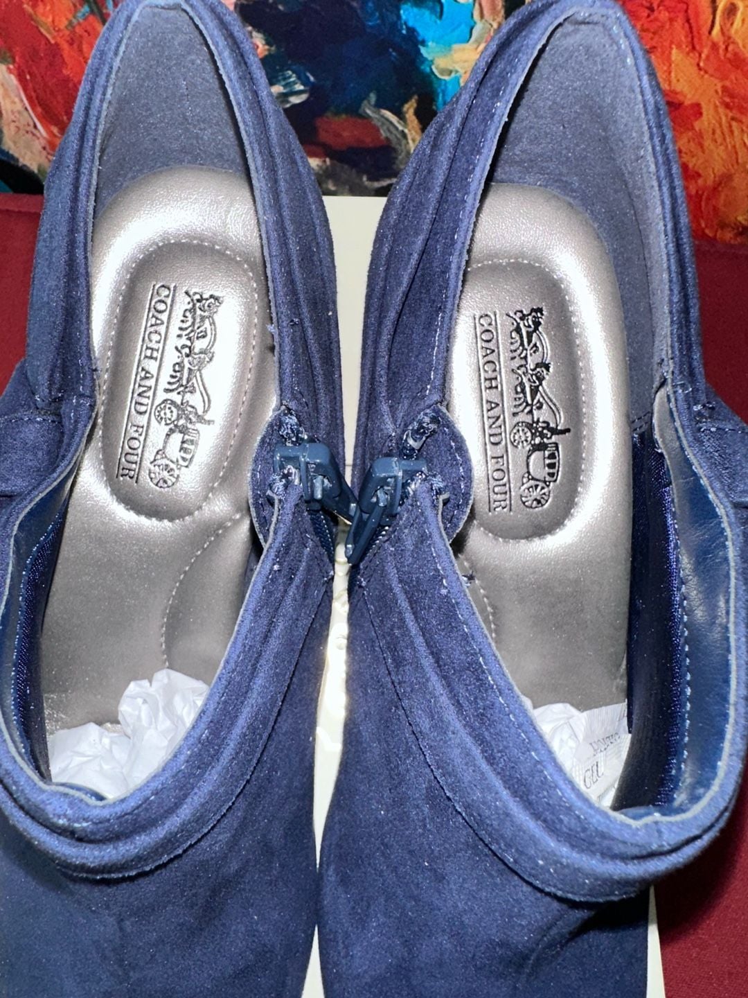 No.56 Coach And Four Ankle Boots Size 6.5 Navy Suede Zip Booties 3