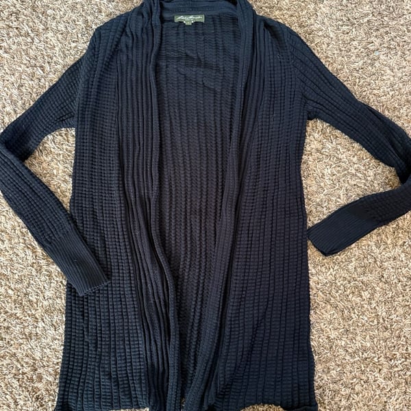Eddie Bauer Waffle Knit Cardigan Size S Black Open Front Long Sleeve