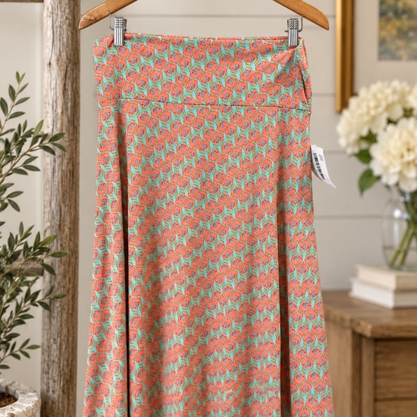 NWT Lularoe Azure Skirt Size L Coral Blue Floral A-Line