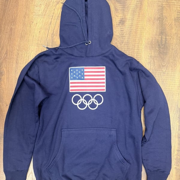 Fanatics Team USA Flag Rings Hoodie Size L Navy Blue Olympic Pullover
