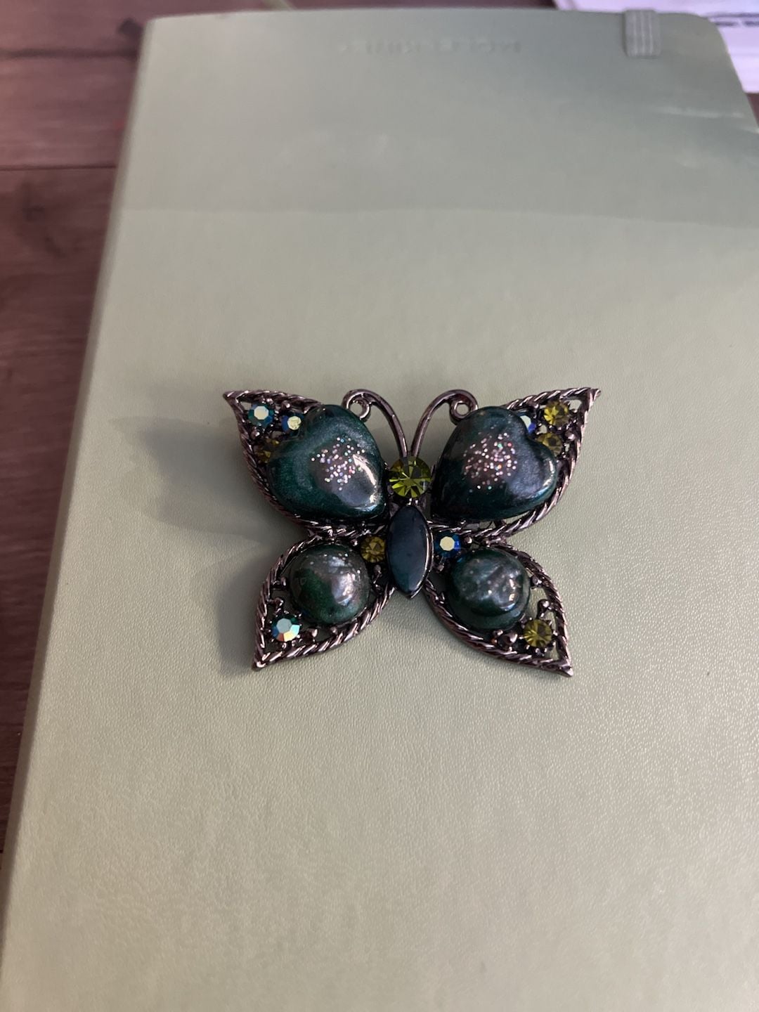 Vintage Butterfly Brooch Green Rhinestone Glitter 2" Dark Metal 2