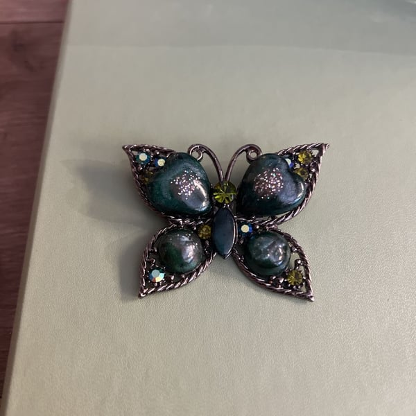 Vintage Butterfly Brooch Green Rhinestone Glitter 2" Dark Metal