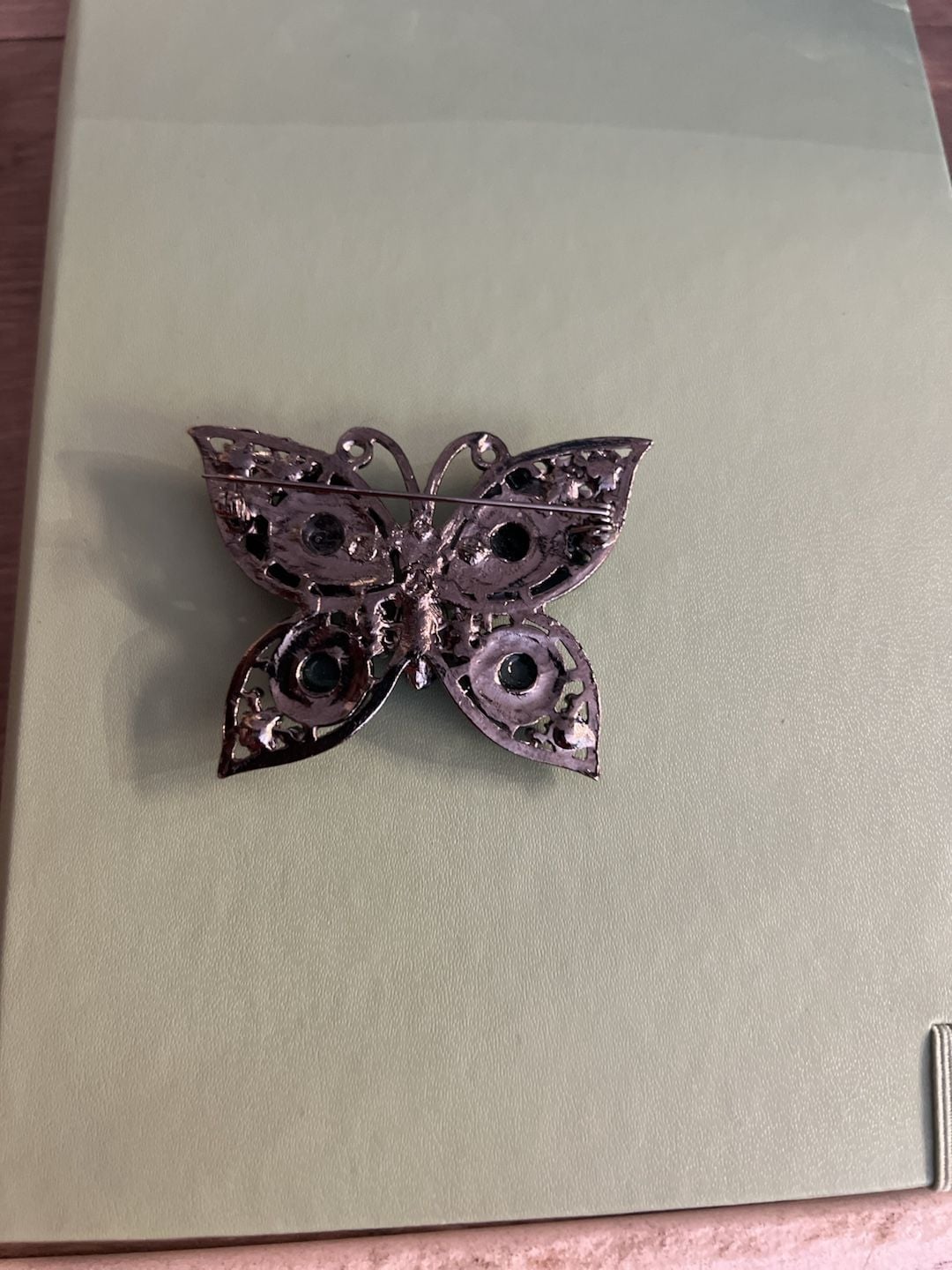 Vintage Butterfly Brooch Green Rhinestone Glitter 2" Dark Metal 3