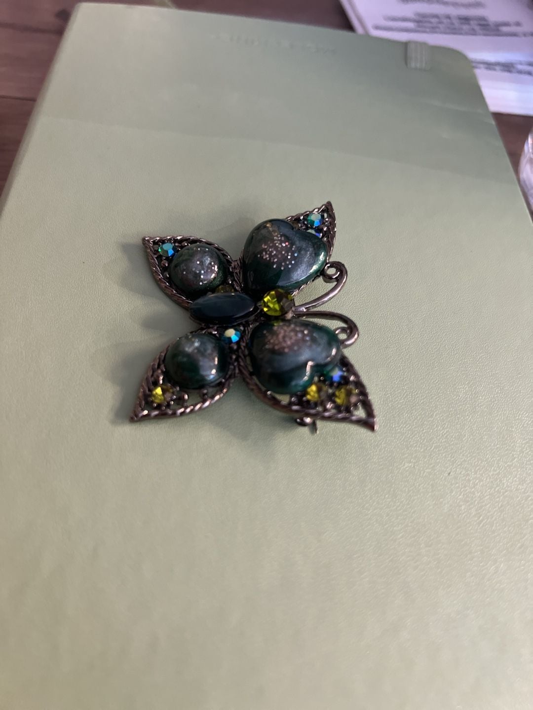 Vintage Butterfly Brooch Green Rhinestone Glitter 2" Dark Metal 4