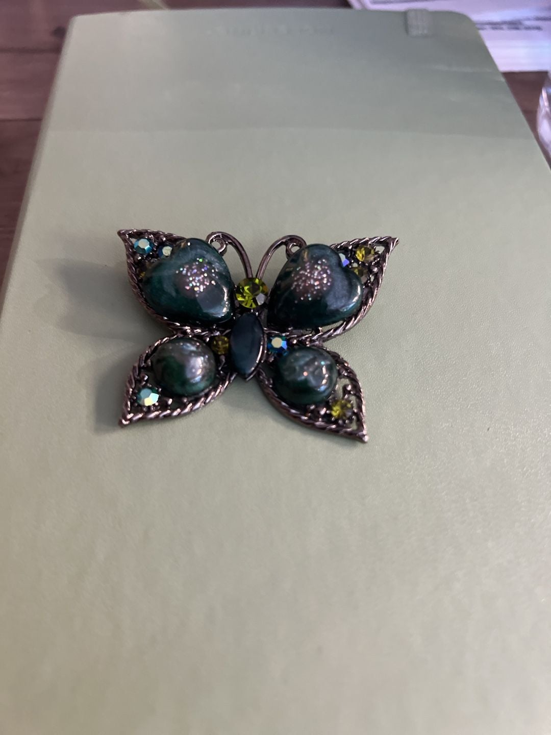 Vintage Butterfly Brooch Green Rhinestone Glitter 2" Dark Metal 5