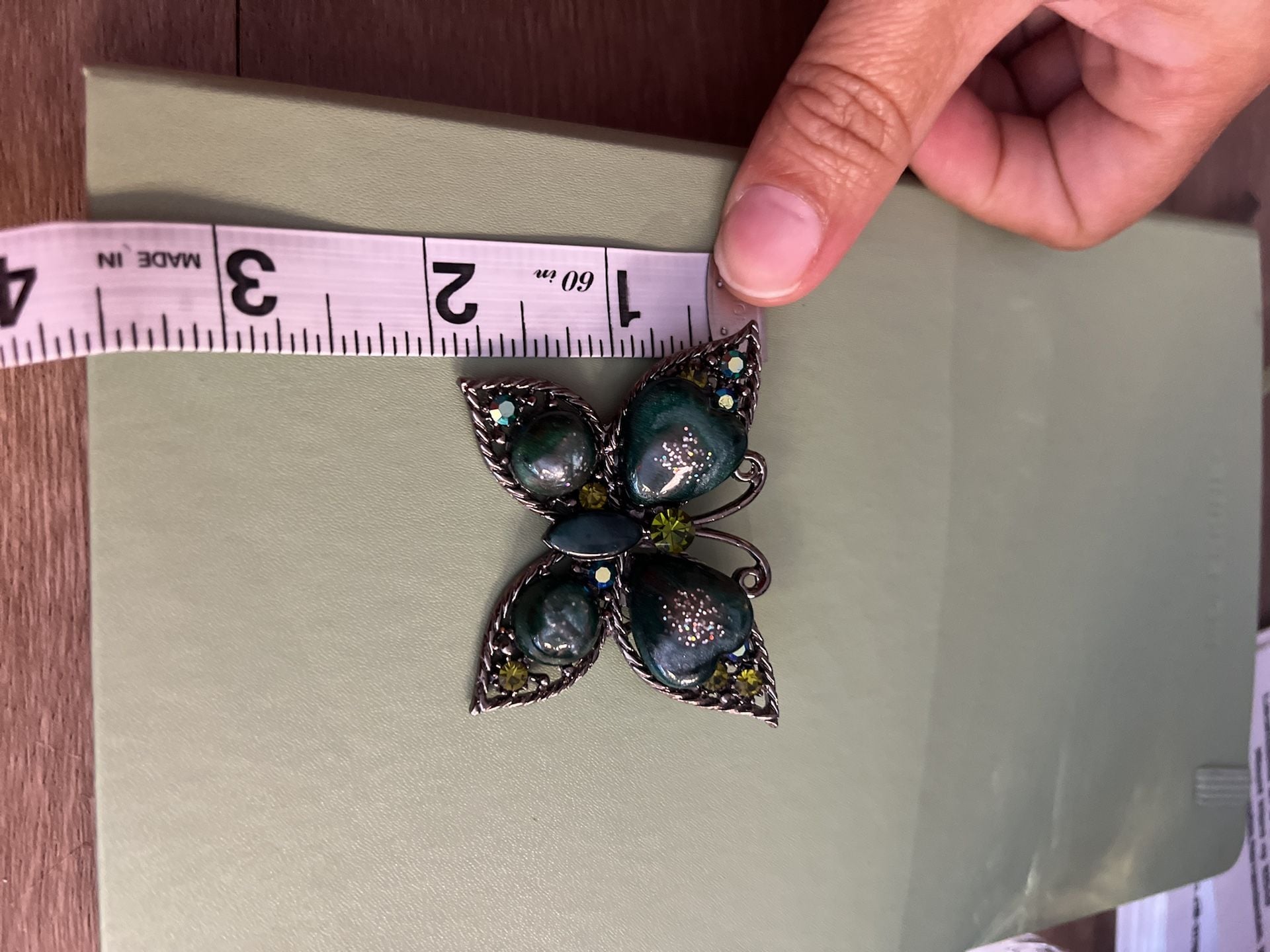 Vintage Butterfly Brooch Green Rhinestone Glitter 2" Dark Metal 6