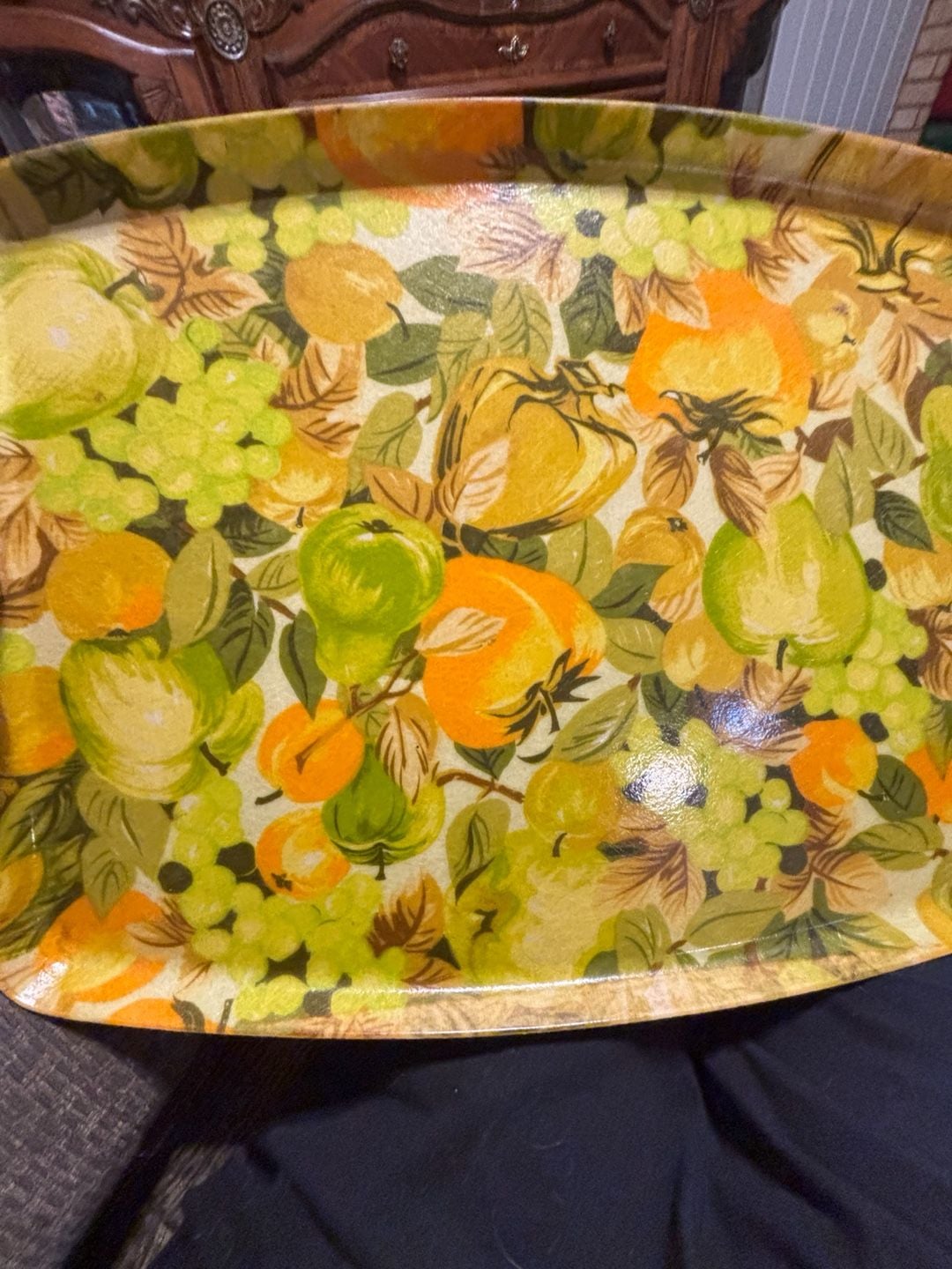 Vintage Mid Century Modern Fiberglass Serving Tray Fruit Pattern Green Orange 1