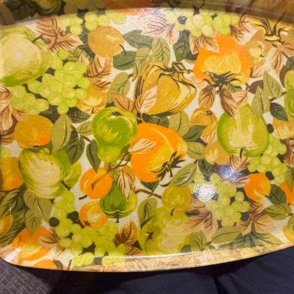 Vintage Mid Century Modern Fiberglass Serving Tray Fruit Pattern Green Orange