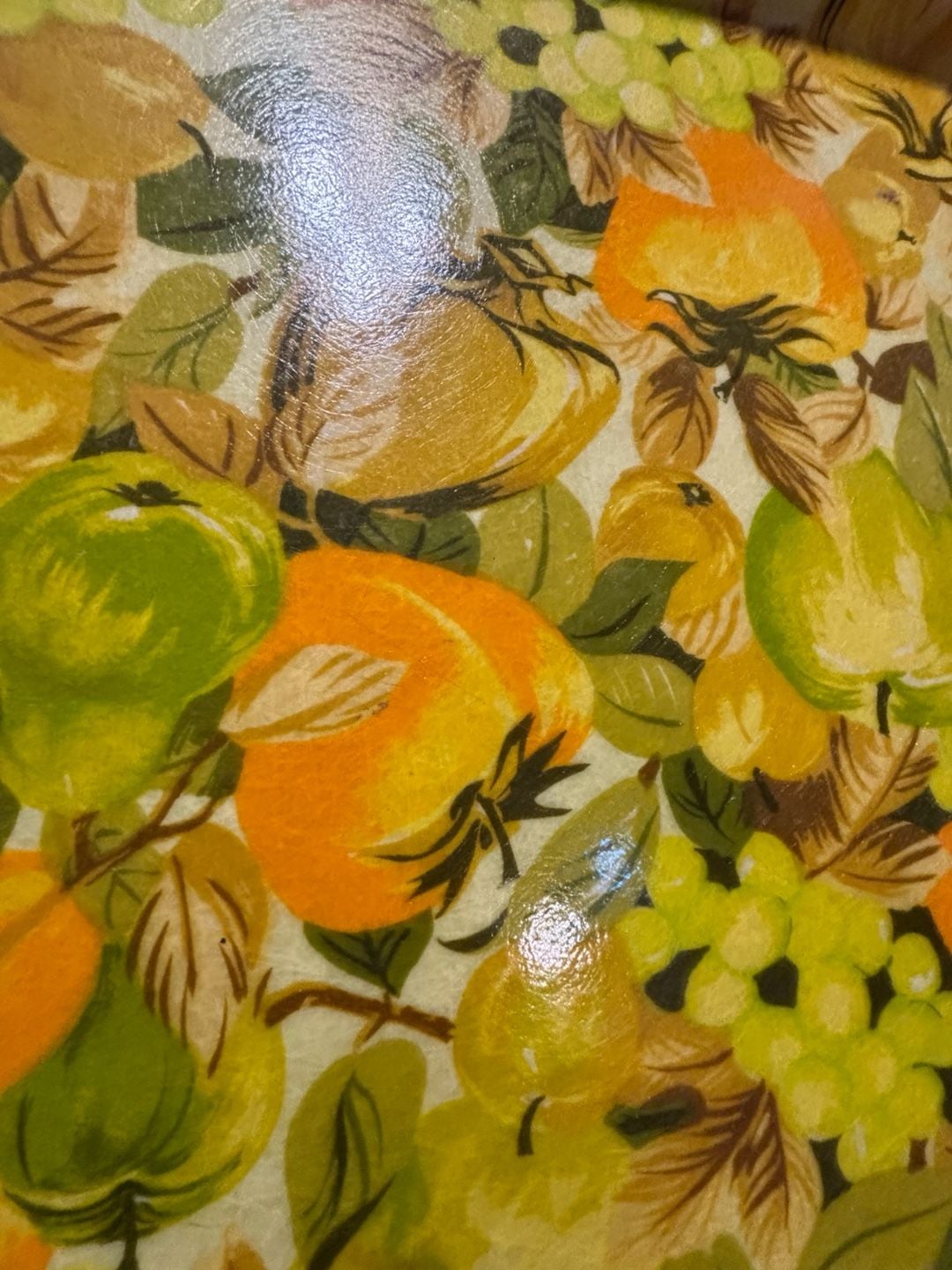 Vintage Mid Century Modern Fiberglass Serving Tray Fruit Pattern Green Orange 3