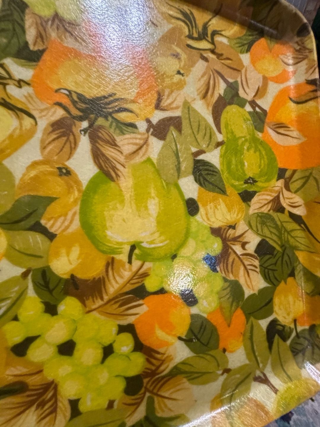 Vintage Mid Century Modern Fiberglass Serving Tray Fruit Pattern Green Orange 4