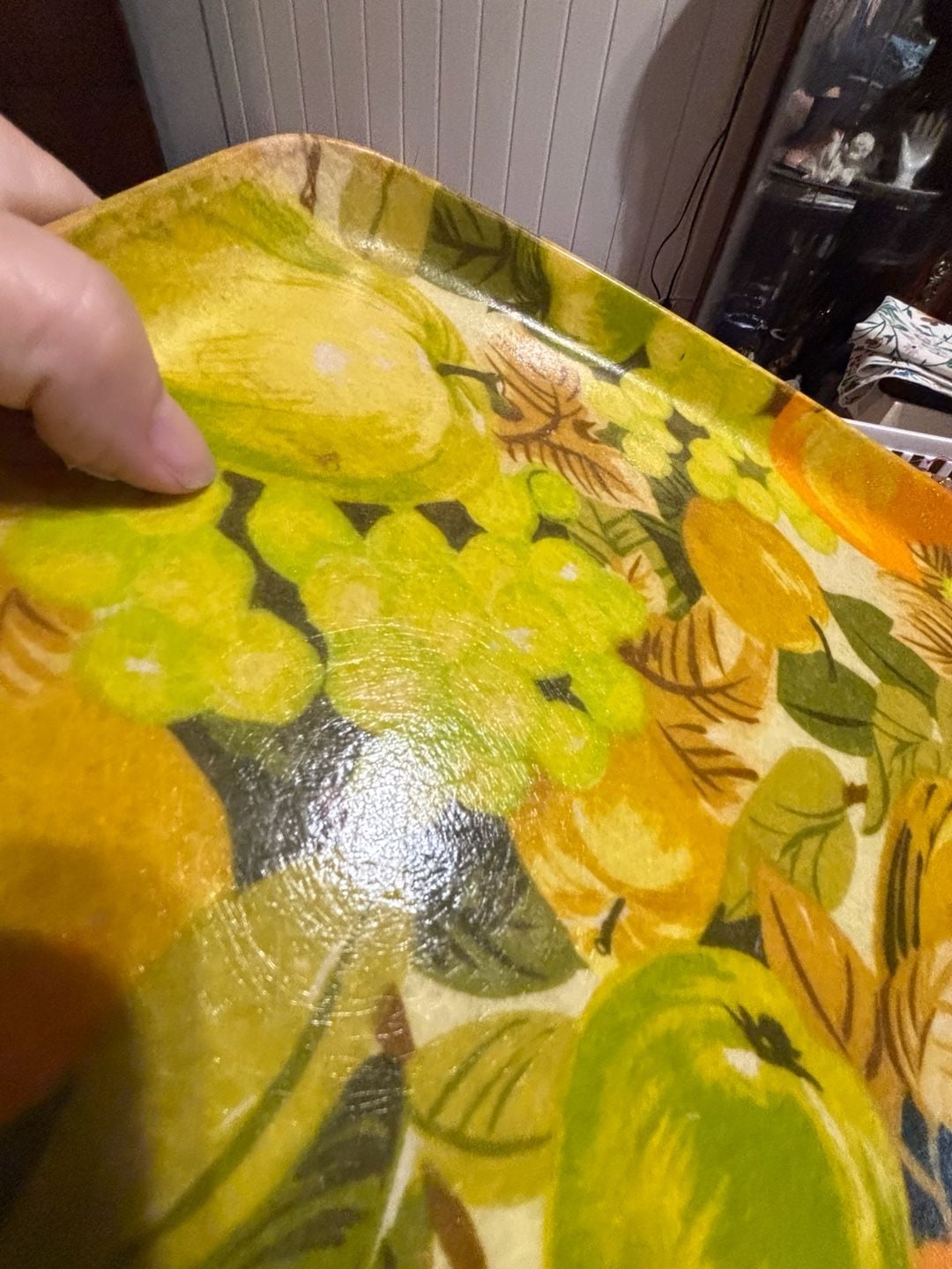 Vintage Mid Century Modern Fiberglass Serving Tray Fruit Pattern Green Orange 5