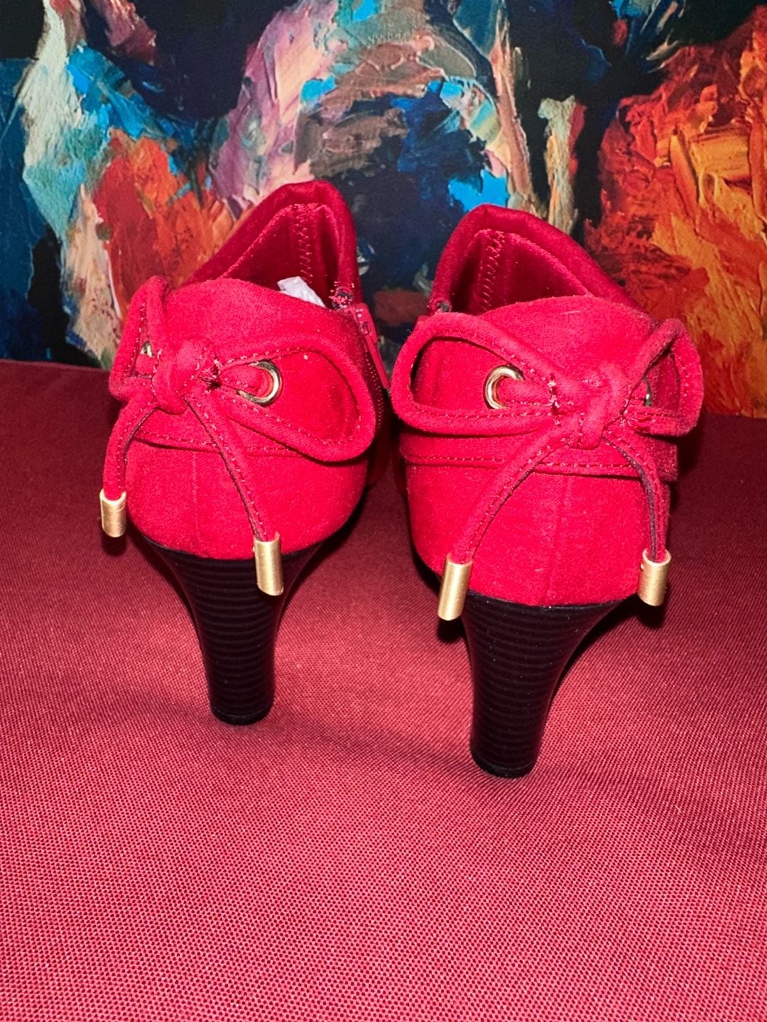 No.26 Coach And Four Red Ankle Boots Size 6.5 Suede Chunky Heel Bow Details 5
