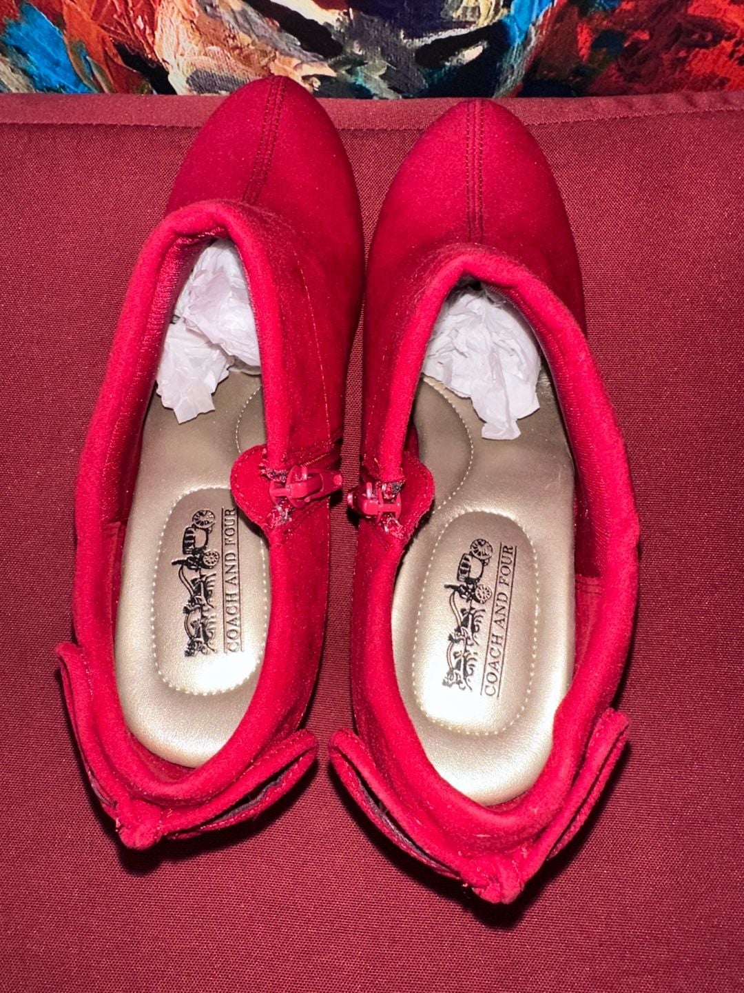 No.26 Coach And Four Red Ankle Boots Size 6.5 Suede Chunky Heel Bow Details 6