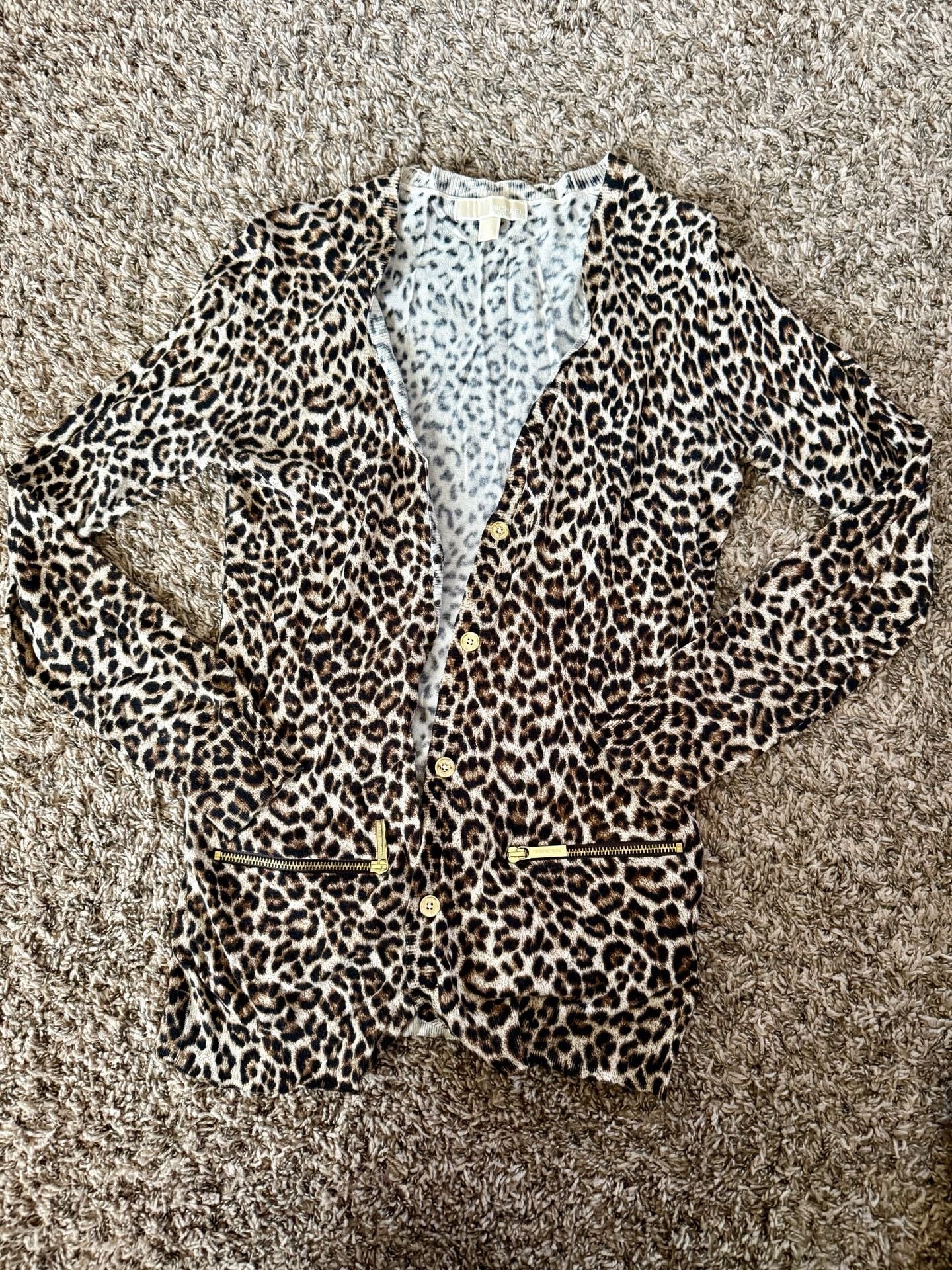 MICHAEL Michael Kors Cardigan Size S Cheetah Leopard Print Gold Zip Pockets 2