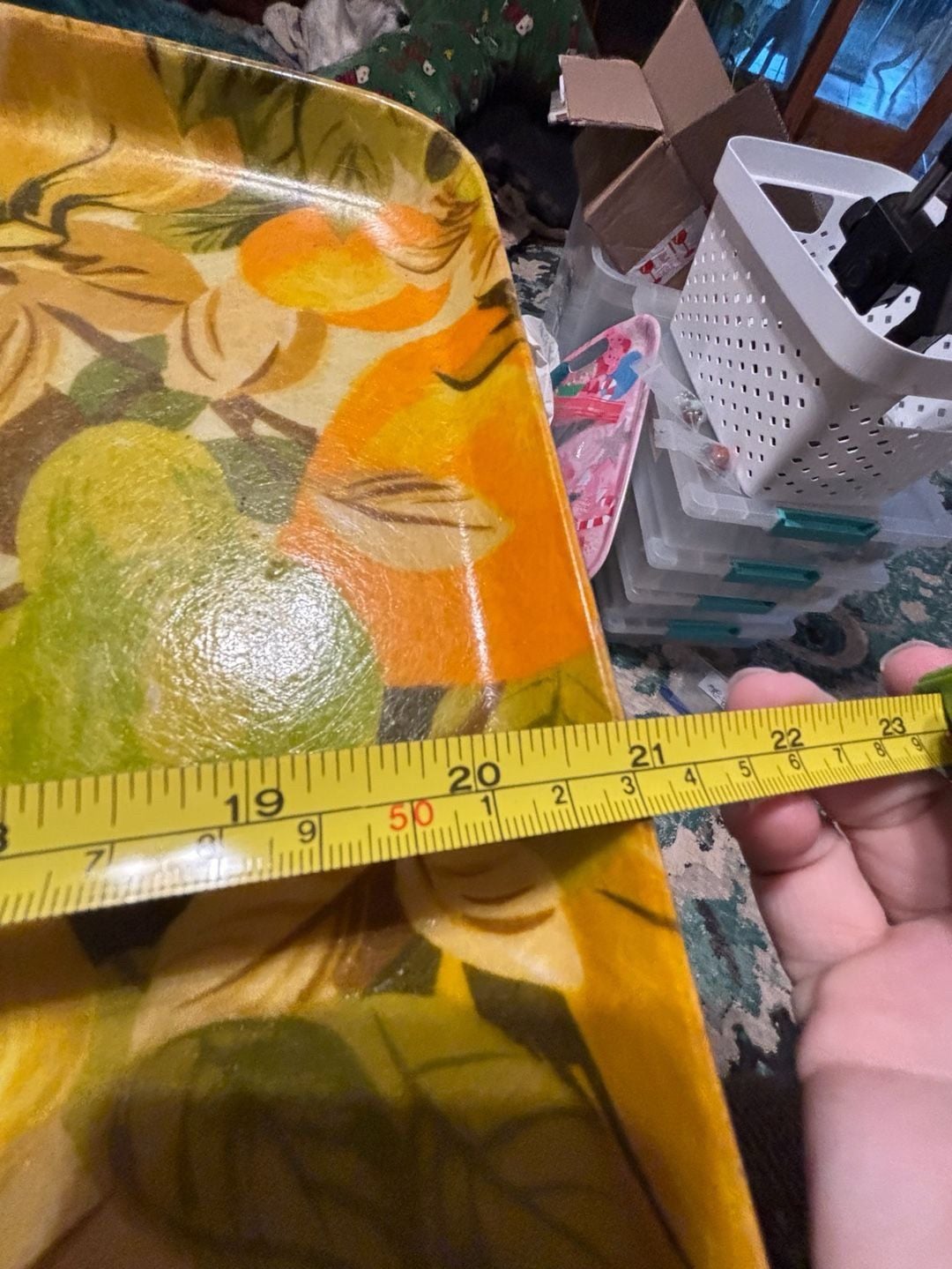 Vintage Mid Century Modern Fiberglass Serving Tray Fruit Pattern Green Orange 7