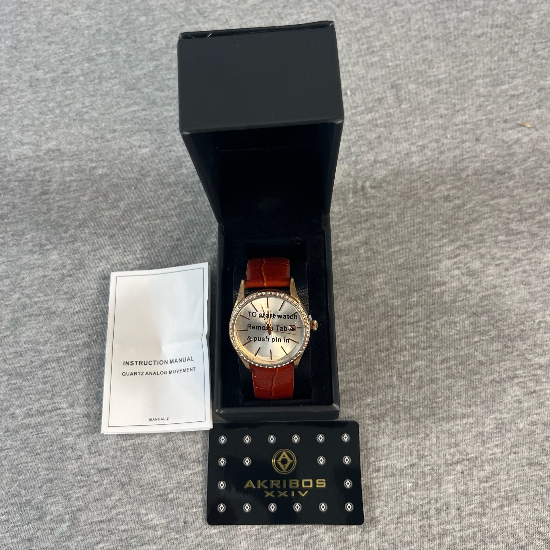 NIB Akribos XXIV AK883BR Quartz Swarovski Crystal Brown Leather Watch 1