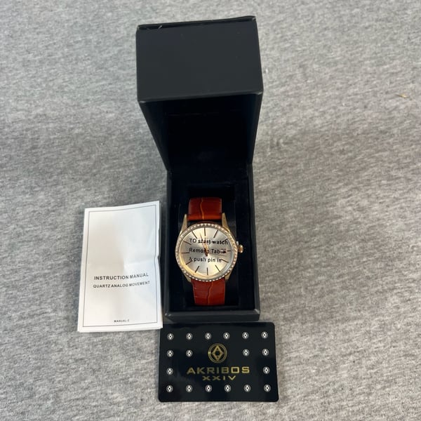 NIB Akribos XXIV AK883BR Quartz Swarovski Crystal Brown Leather Watch