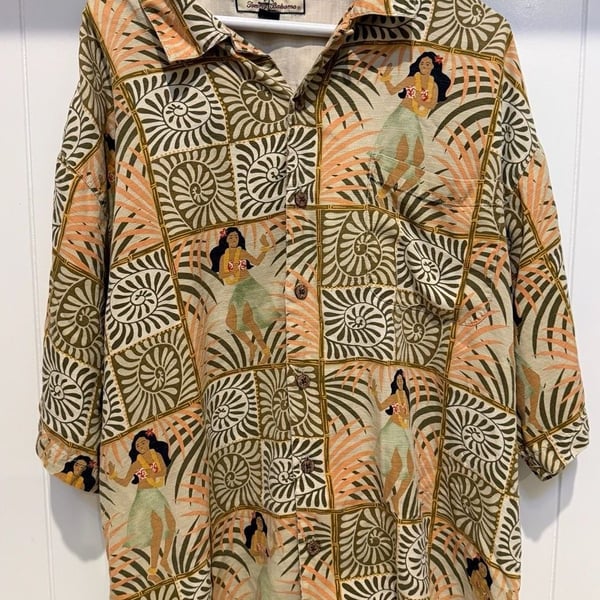 Tommy Bahama Hula Dancer Silk Shirt Size XL Green Aloha