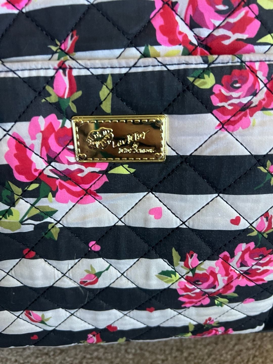 Luv Betsey by Betsey Johnson Quilted Weekender Bag Black White Floral Bow 5
