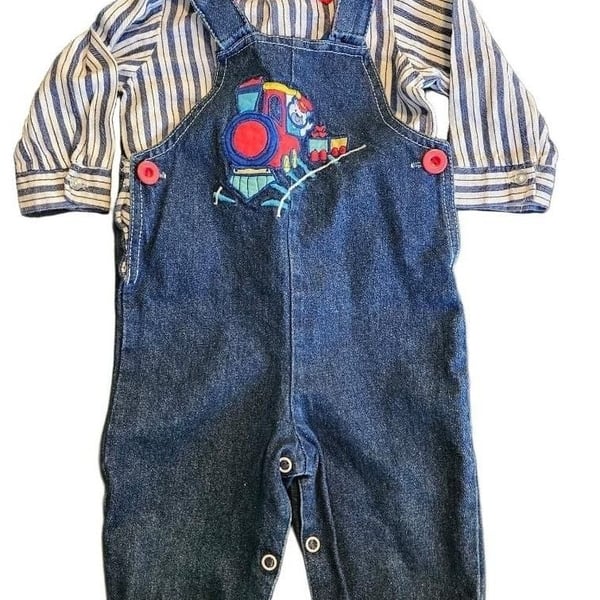 Vintage 90s Baby Togs Train Denim Overalls Set 6-9M