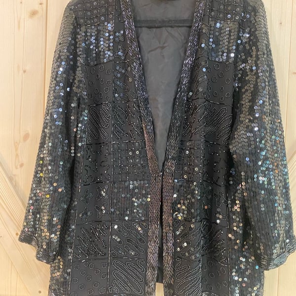 Morgan Taylor Evening Jacket Petite L Black Sequin Beaded Silk