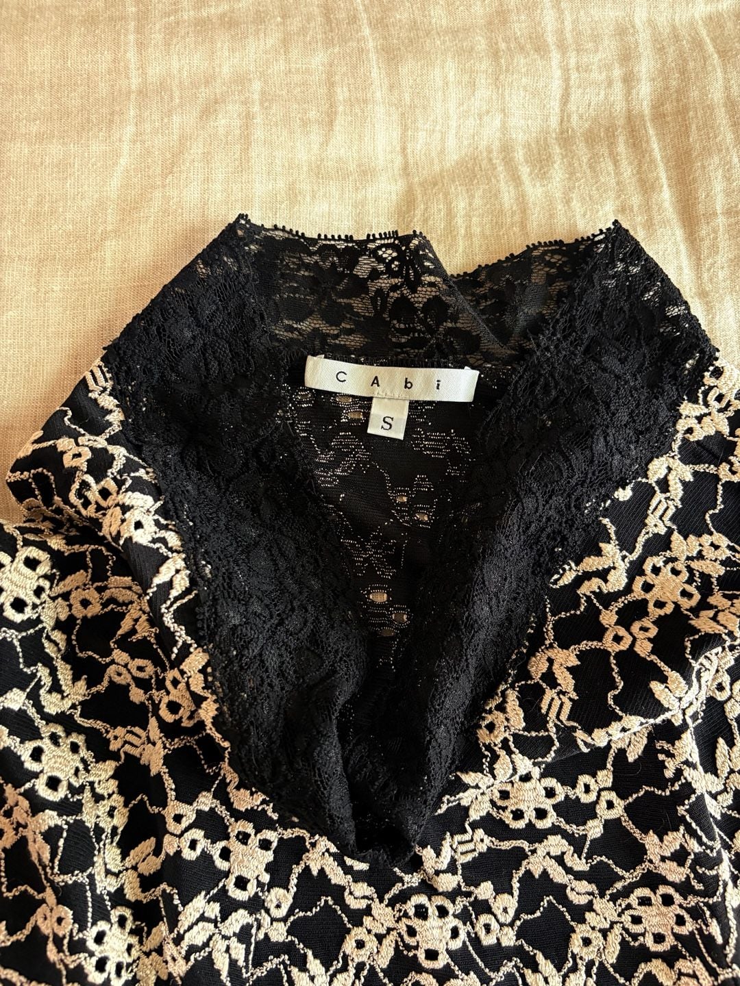 Cabi Lace Blouse Size S Black Cream Floral Eyelet Semi Sheer Skirt 2