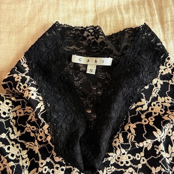 Cabi Lace Blouse Size S Black Cream Floral Eyelet Semi Sheer Skirt