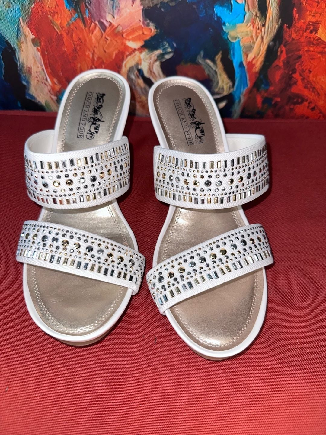 No.27 Coach And Four Vander Size 6.5 White Rhinestone Wedge Sandals 2