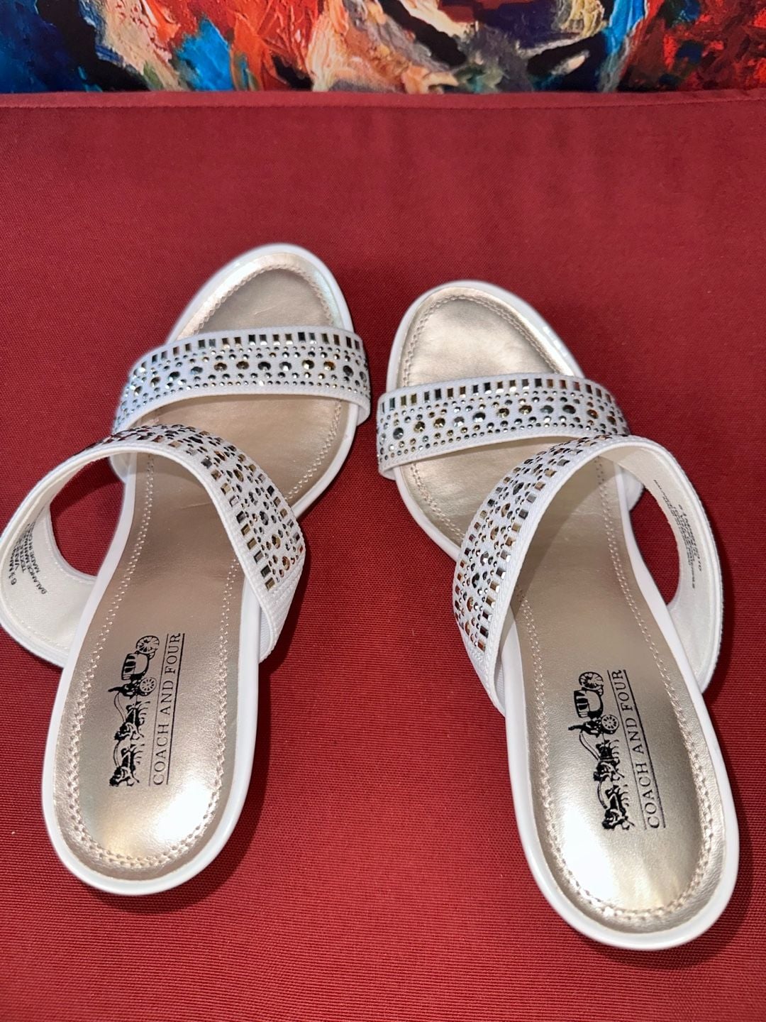 No.27 Coach And Four Vander Size 6.5 White Rhinestone Wedge Sandals 6