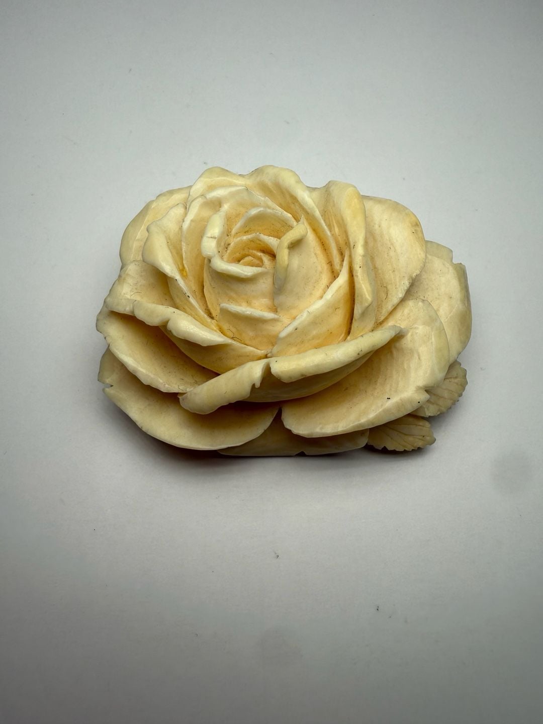 Antique Hand Carved Bone or Wood Rose Brooch Pin Silver 2